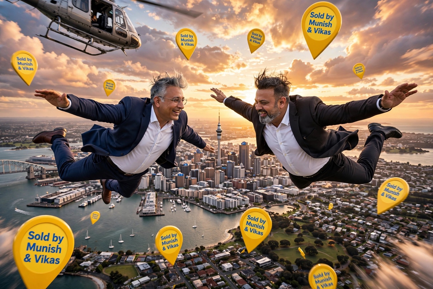 Munish and Vikas parachuting above Auckland CBD with the Sky Tower in the background holding a sold sign.
